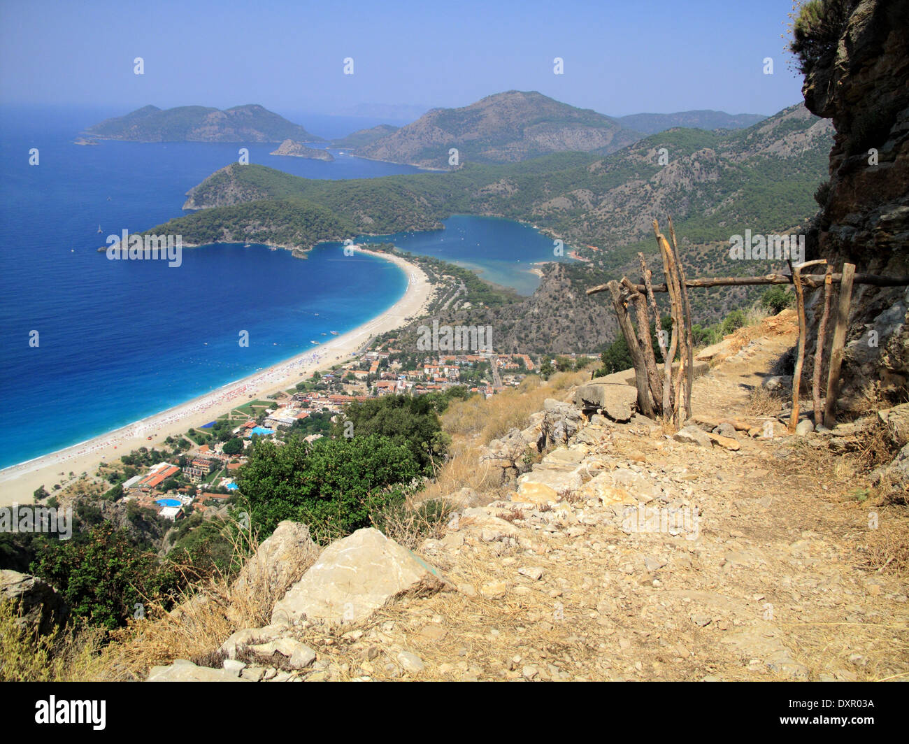 A view of Oludeniz and the Blue Lagoon seen from the Lycian way in Mugla province of South Western Turkey Stock Photo