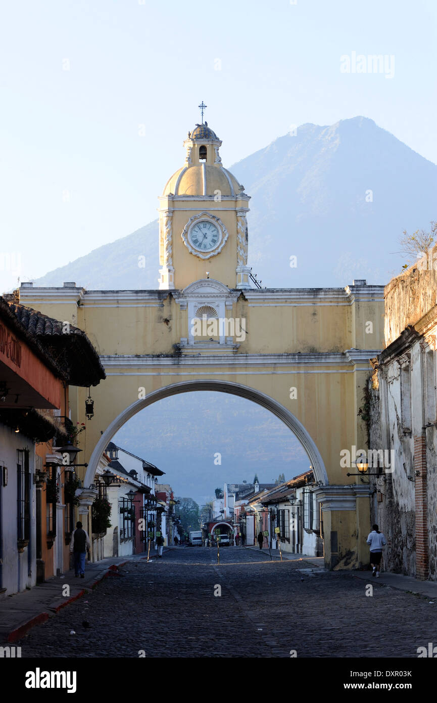 Volcan de Agua, the Volcano of Water, 3766m, dominates views to the south of Antigua Guatemala. Stock Photo