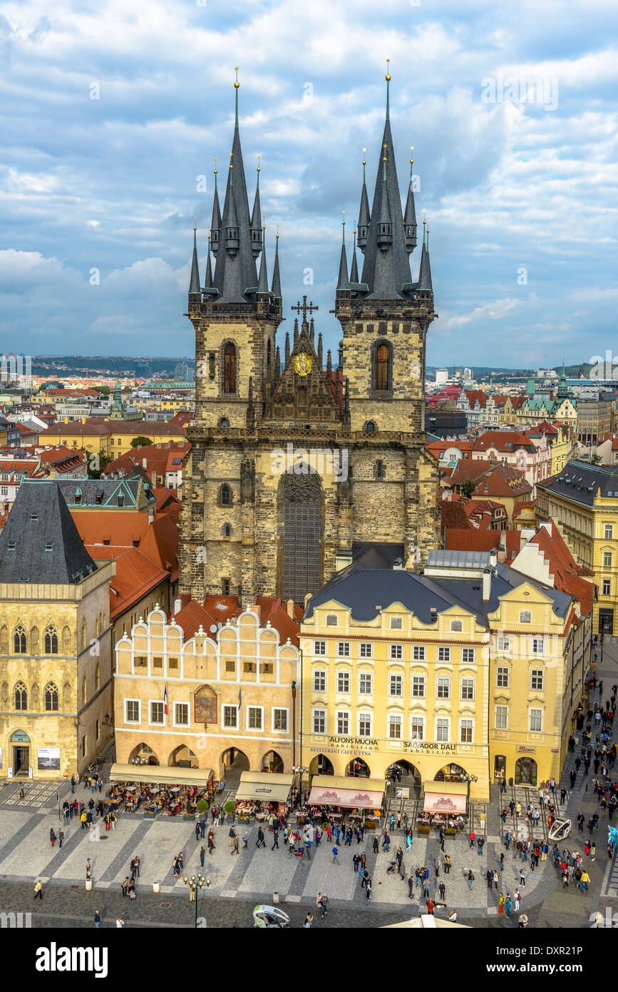 Prague - September 21: Old town square crowded with tourists on September 21, 2013 in Prague. Stock Photo