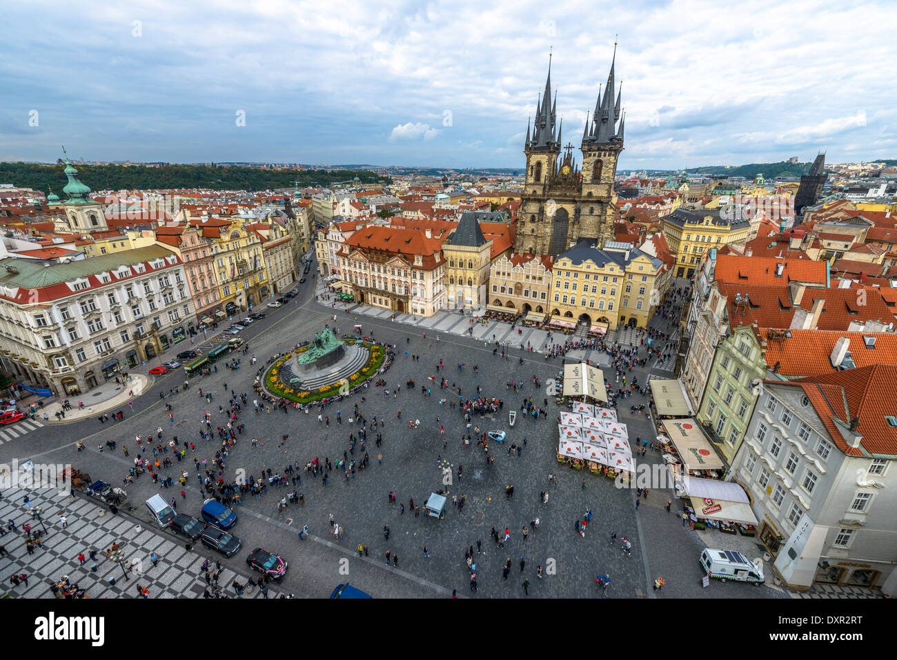 Prague - September 21: Old town square crowded with tourists on September 21, 2013 in Prague. Stock Photo