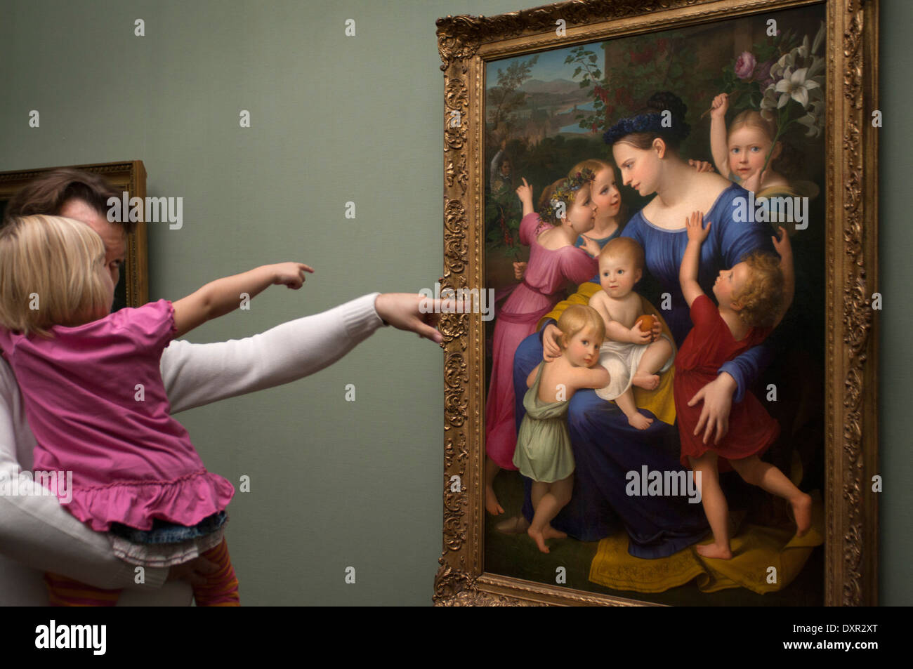 A father and daughter look frescoes from the Casa Bartholdy iat the Alte Nationalgalerie in Berlin Germany. Travel Children Stock Photo