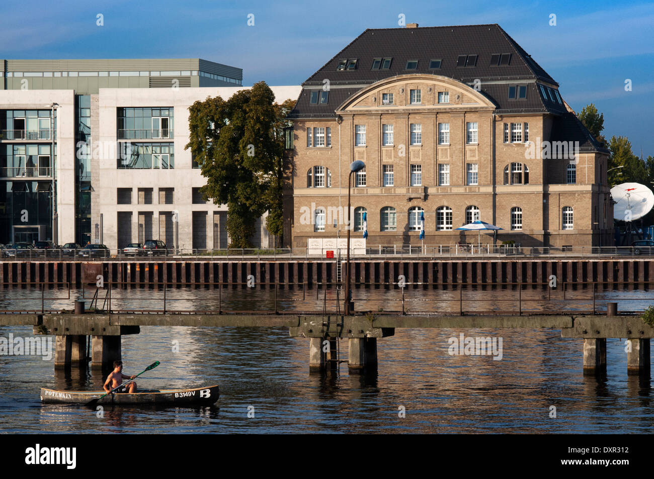 Berlin, Germany, rowboat, canoe and sailing boat on the Spree. Experience Berlin from a kayak. See Tierpark and Zoologischer Gar Stock Photo