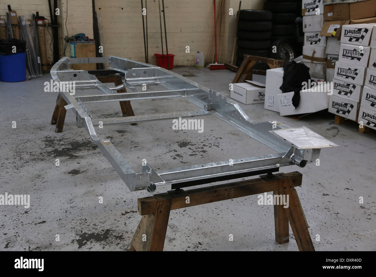 Galvanised chassis of a 4/4 Classic model car at the Morgan Motor Car factory in September 2013 Stock Photo