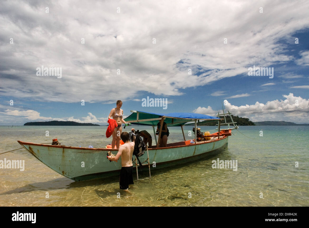 Boat for snorkeling on the island of Koh Russei. Koh Russei or Bamboo Island is one of a group of small islands in the Gulf of T Stock Photo
