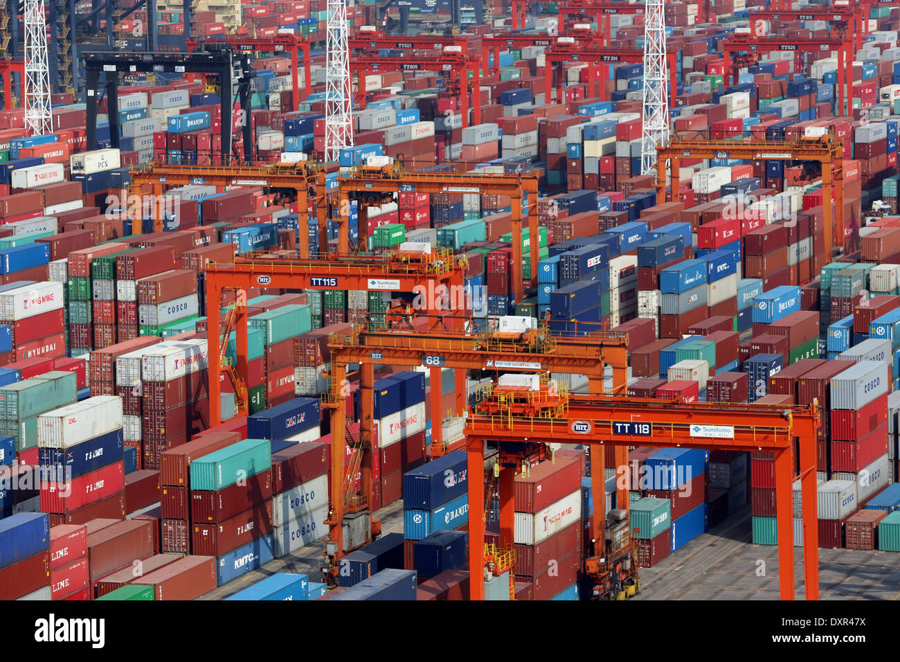 Hong Kong, China, stacked containers in the Hong Kong International Terminal, Container Port Stock Photo