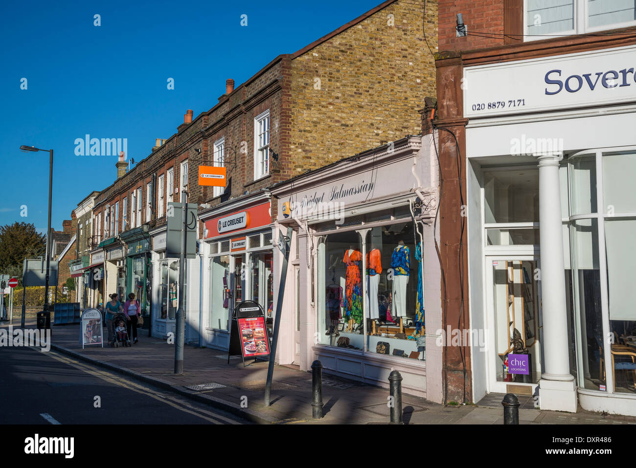 Row of shops in Church Road, Wimbledon Village, London, UK Stock Photo