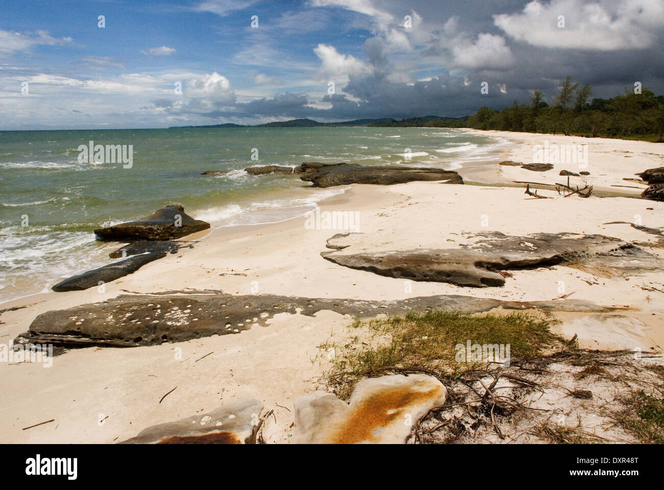 Virgin beach on the waterfront of Ream National Park. Ream National Park is located about 12 miles from Sihanoukville, Cambodia. Stock Photo