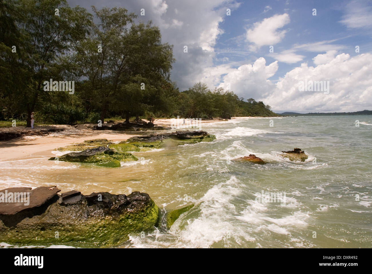 Virgin beach on the waterfront of Ream National Park. Ream National Park is located about 12 miles from Sihanoukville, Cambodia. Stock Photo