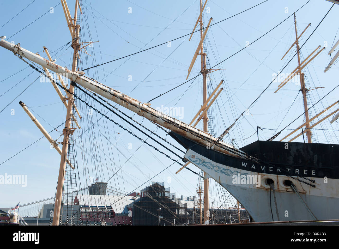 Masts and prows of the Wavertree and Peking, two of the historic ships owned by the South Street Seaport Museum. Stock Photo