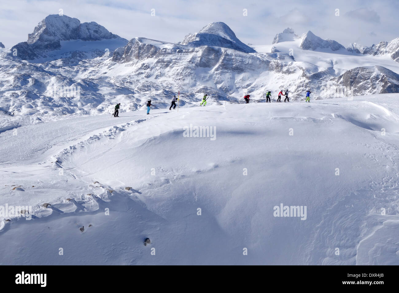 Obertraun, people at a ski trip before the World Heritage views Stock Photo