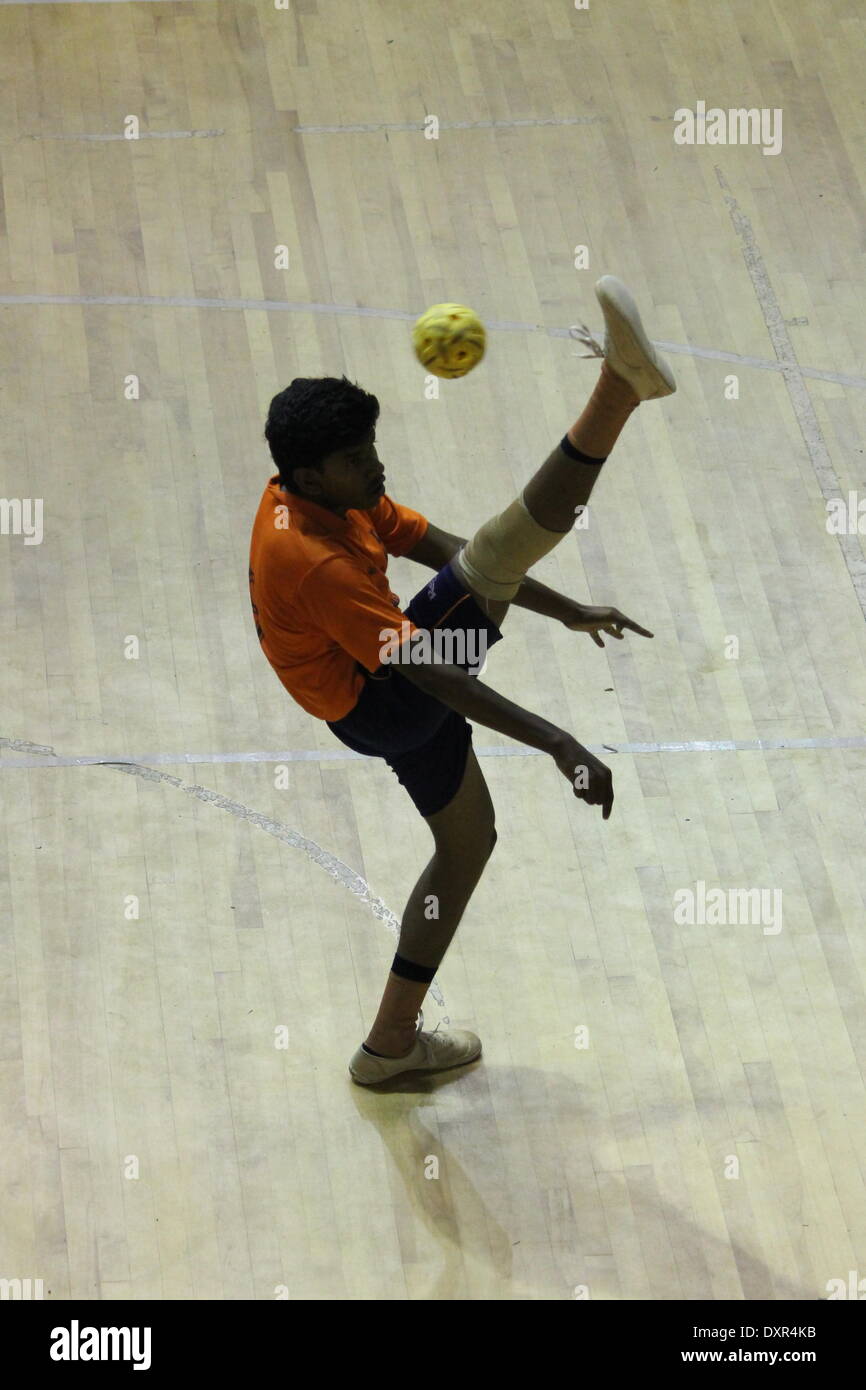 Pataliputra Sports Complex, Kankarbagh, Patna, Bihar, India, 29 March 2014. Players in action during 17th Junior National Sepak Takraw Championships. The game gains slow popularity in India now. Photo by Rupa Ghosh/Alamy Live News. Stock Photo