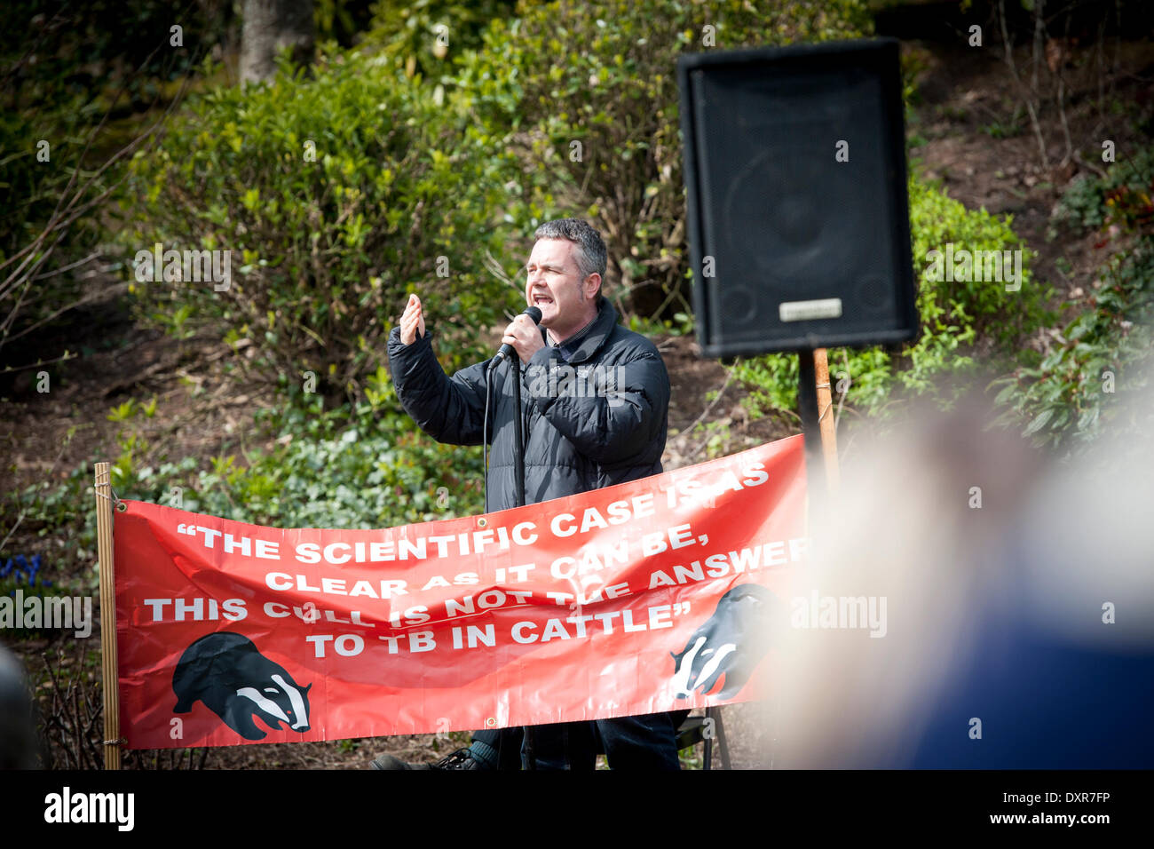 Exeter, Devon, UK Badger Trust CEO Dominic Dyers talks at the Exeter March Against The Badger Cull at the Exeter demonstration - 29th of March 2014 - Exeter, Devon UK Credit:  alyons/Alamy Live News Stock Photo