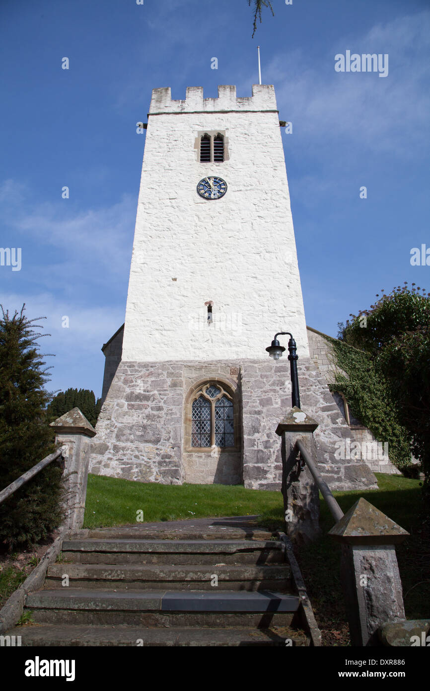 Shot of the lime-washed tower of St. Stephen's Church, Bodfari on a sunny day Stock Photo