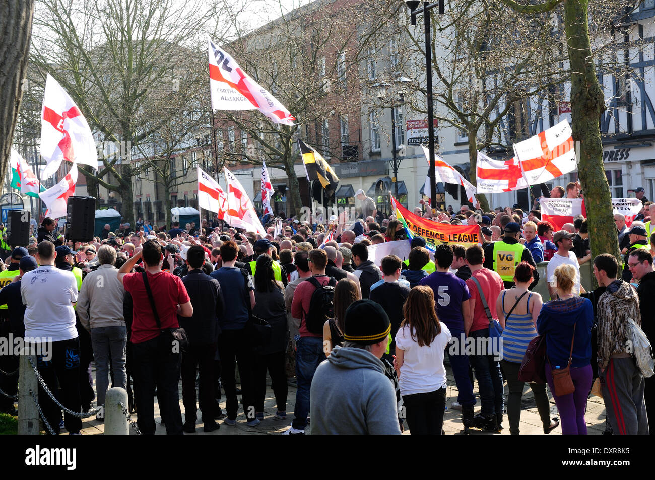 Peterborough, Cambridgeshire, UK. 29th March 2014.Members of the EDL marched through Peterborough this afternoon ,A crowd of around three hundred took part starting at the peacock public house on London Road.They marched in to the city center were speeches where made ,One man was arrested on suspicion public order offence.  A counter march also took place early in the day by Peterborough Trade Union Council. Credit:  Ian Francis/Alamy Live News Stock Photo