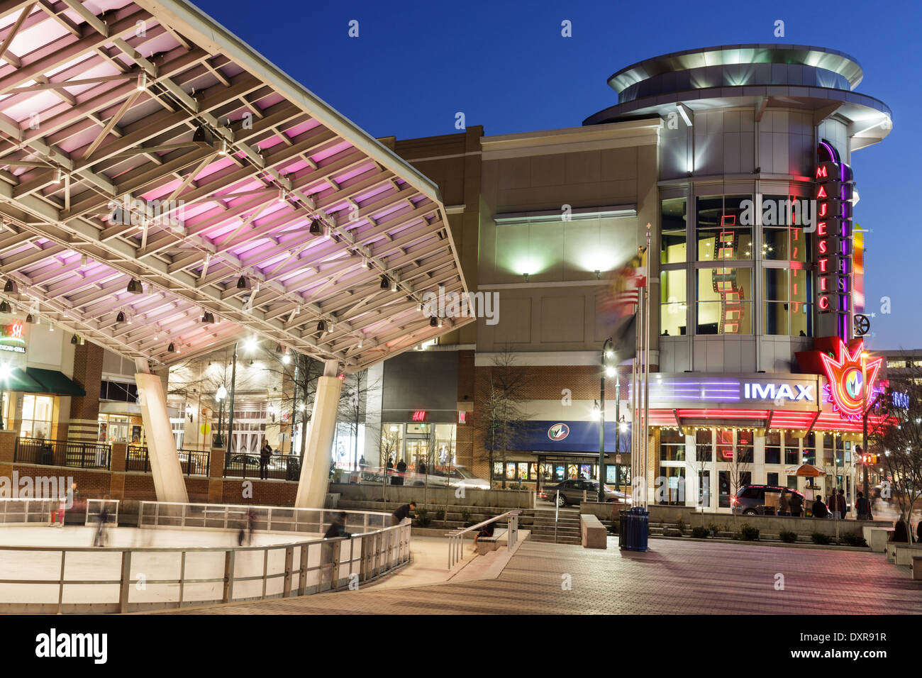 Outdoor ice skating rink and Majestic Theater, Silver Spring, Maryland. Stock Photo