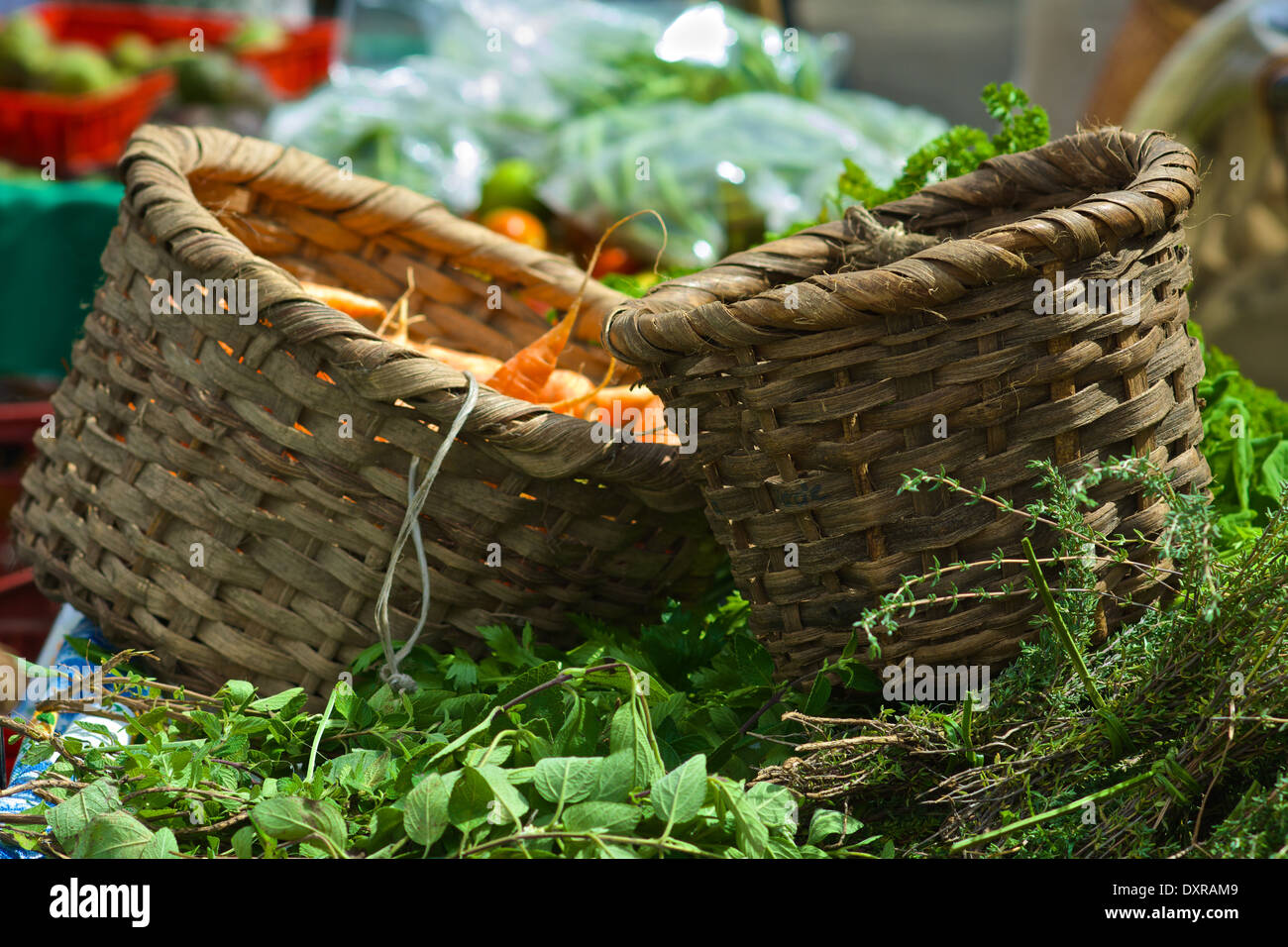 Two food baskets carrying carrots above other foods and leaves in the