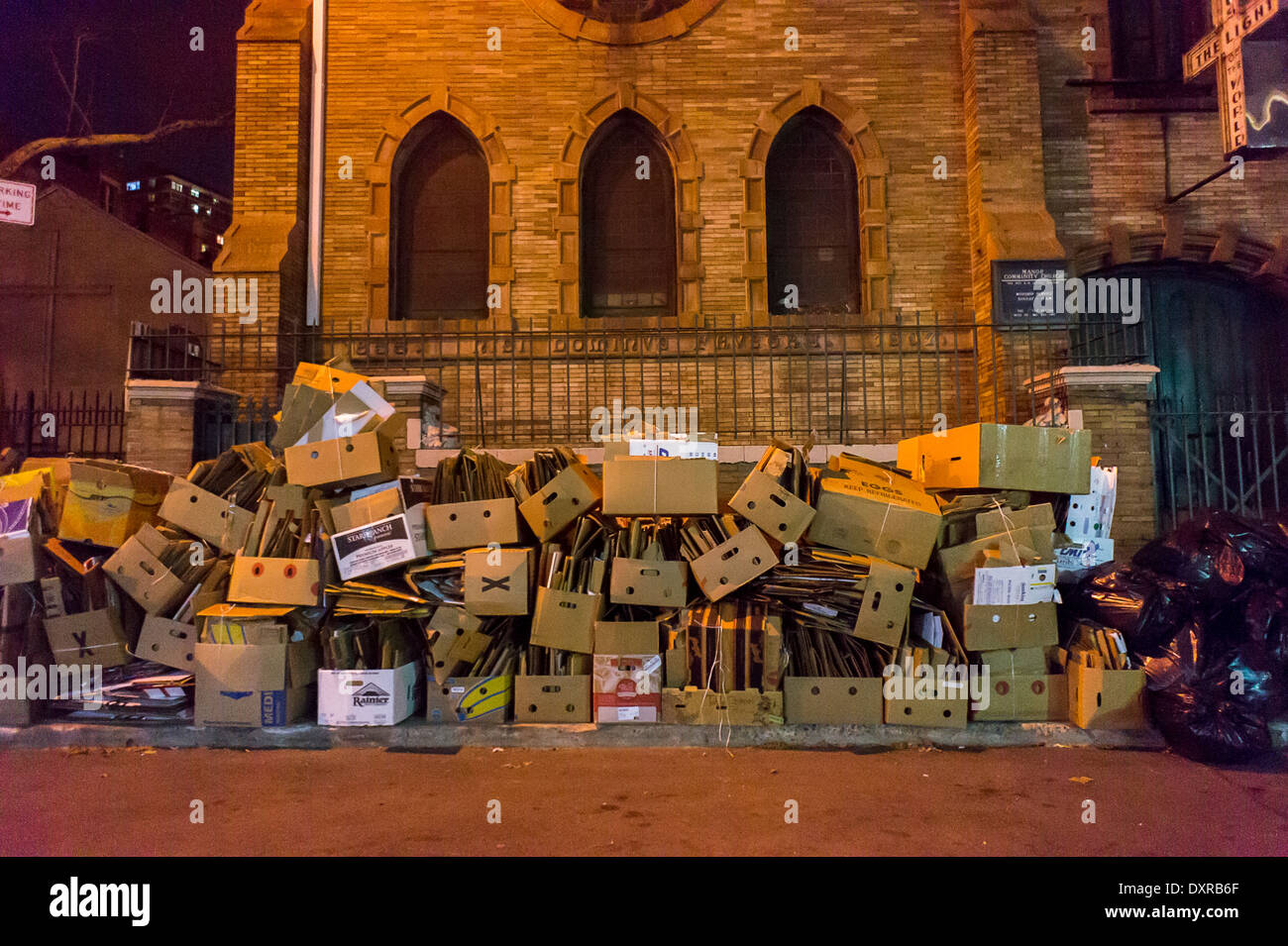 Cardboard boxes bundled for recycling outside a church in the Chelsea neighborhood of New York