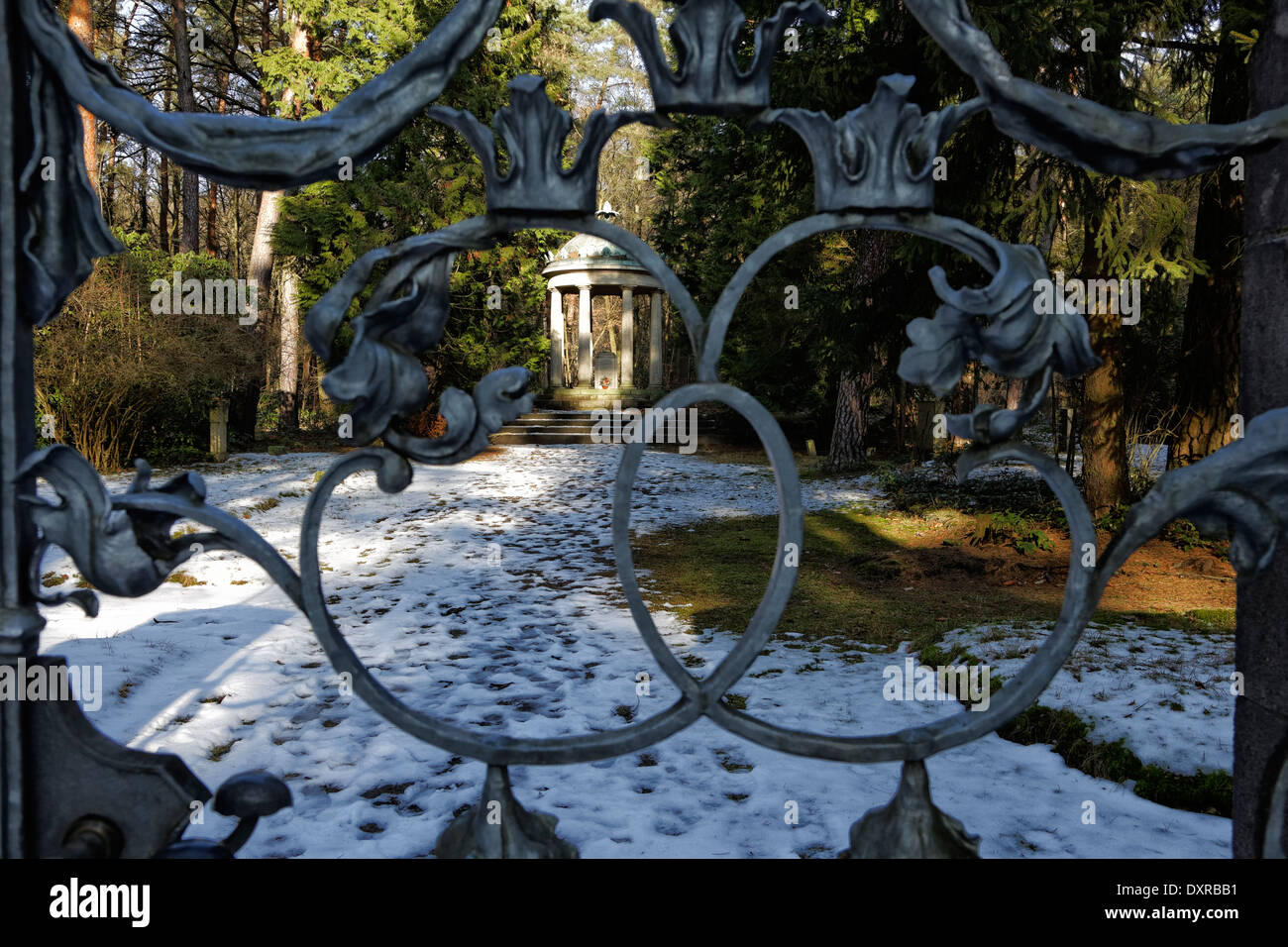 Stahnsdorf, Germany, wrought iron entrance gate to the Swedish cemetery of Victoria community Stock Photo