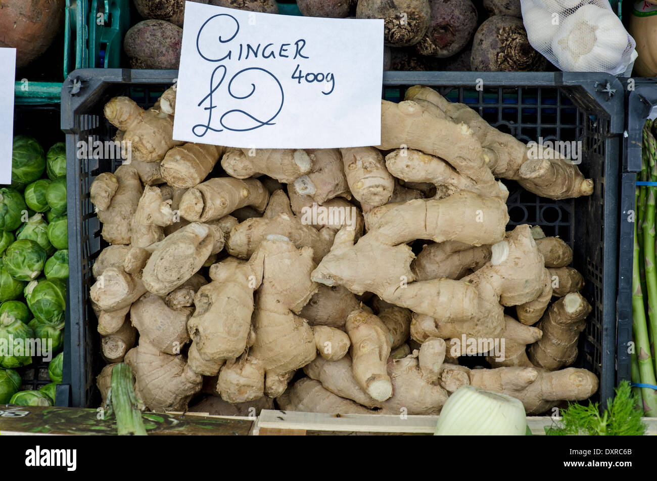 Ginger for sale on an outdoor market stall in the Grassmarket, Edinburgh. Stock Photo