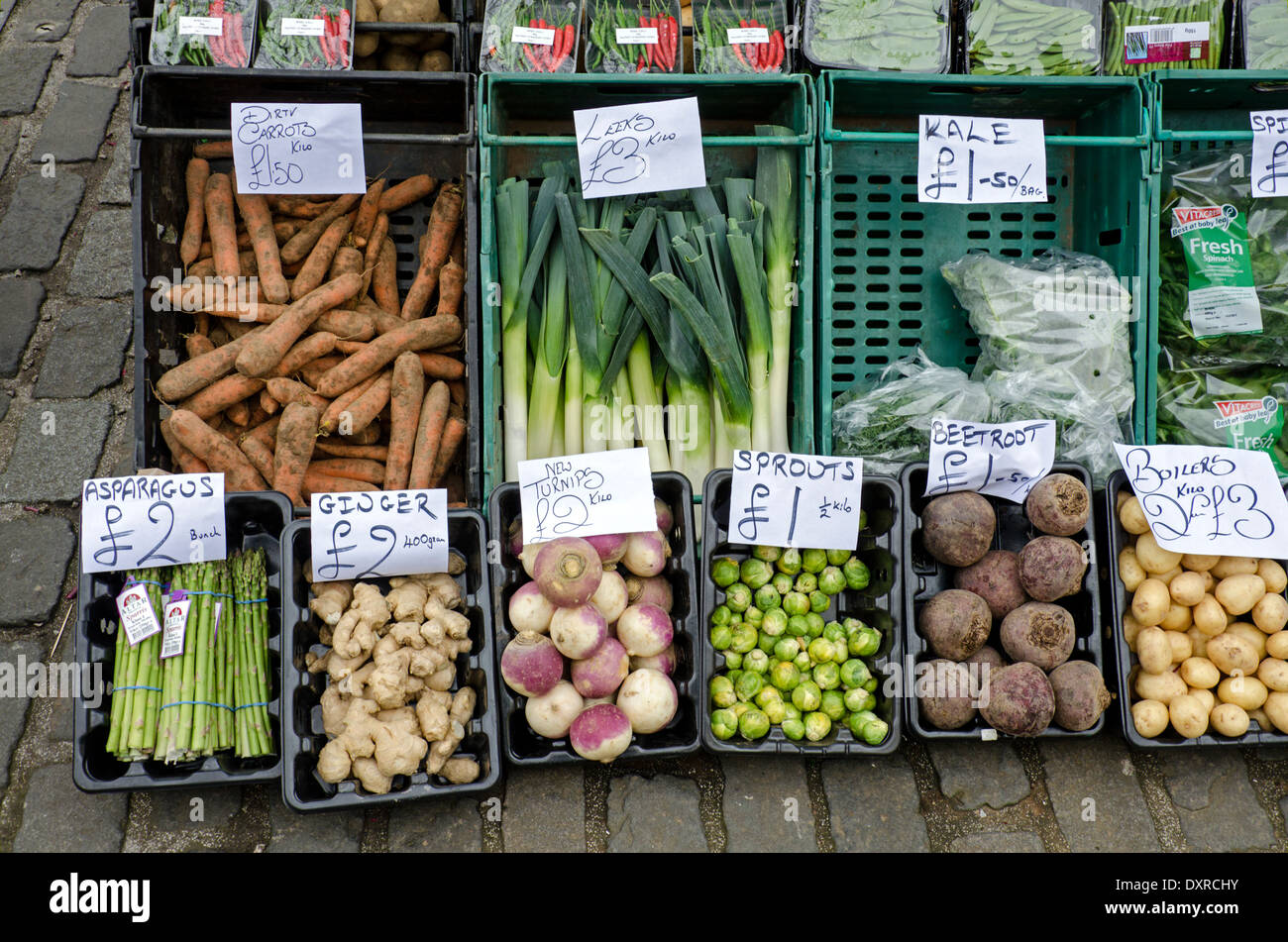 Vegetables on an outdoor market stall in the Grassmarket, Edinburgh, UK. Stock Photo
