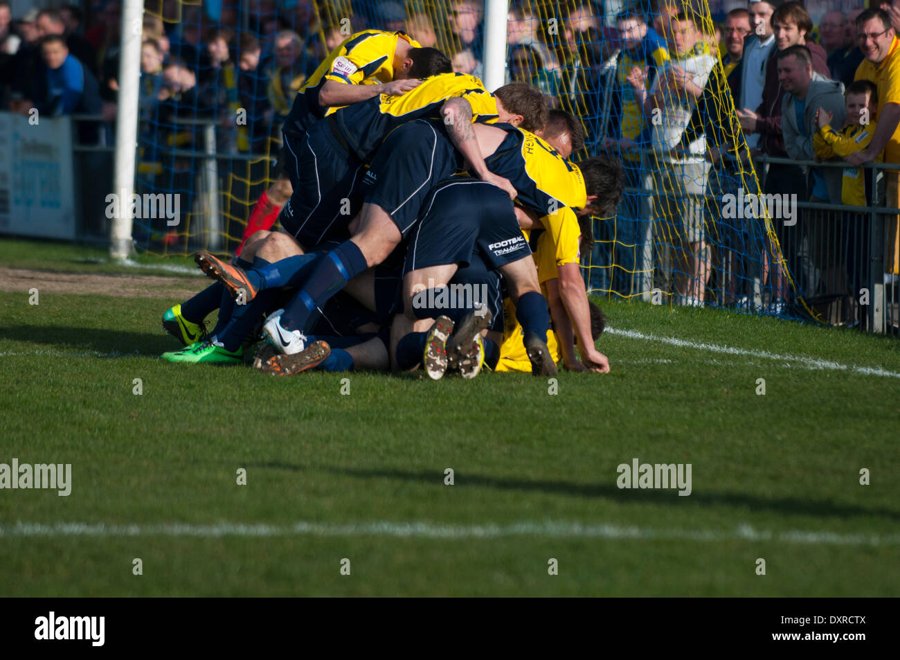 Gosports players celebrate with Prior, scorer of the team's second goal, Gosport Borough FC v Bishops Storford FC, SKRILL Southern Division, 29th March 2014. (c) Paul Gordon | Alamy Live News Stock Photo