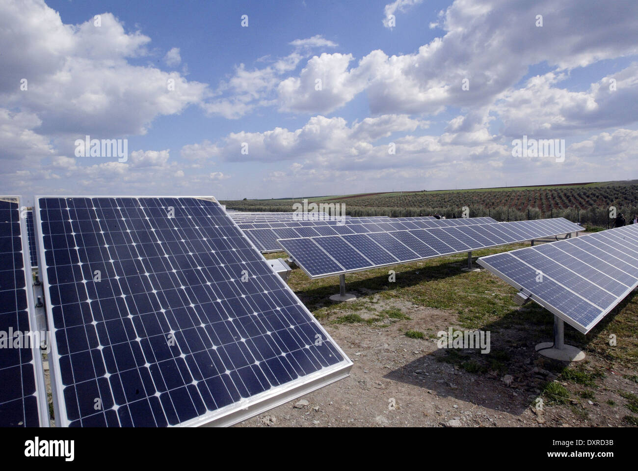 Solar panels lined up at Serpa Solar Power plant in Serpa, 200 Km southeast of Lisbon Stock Photo