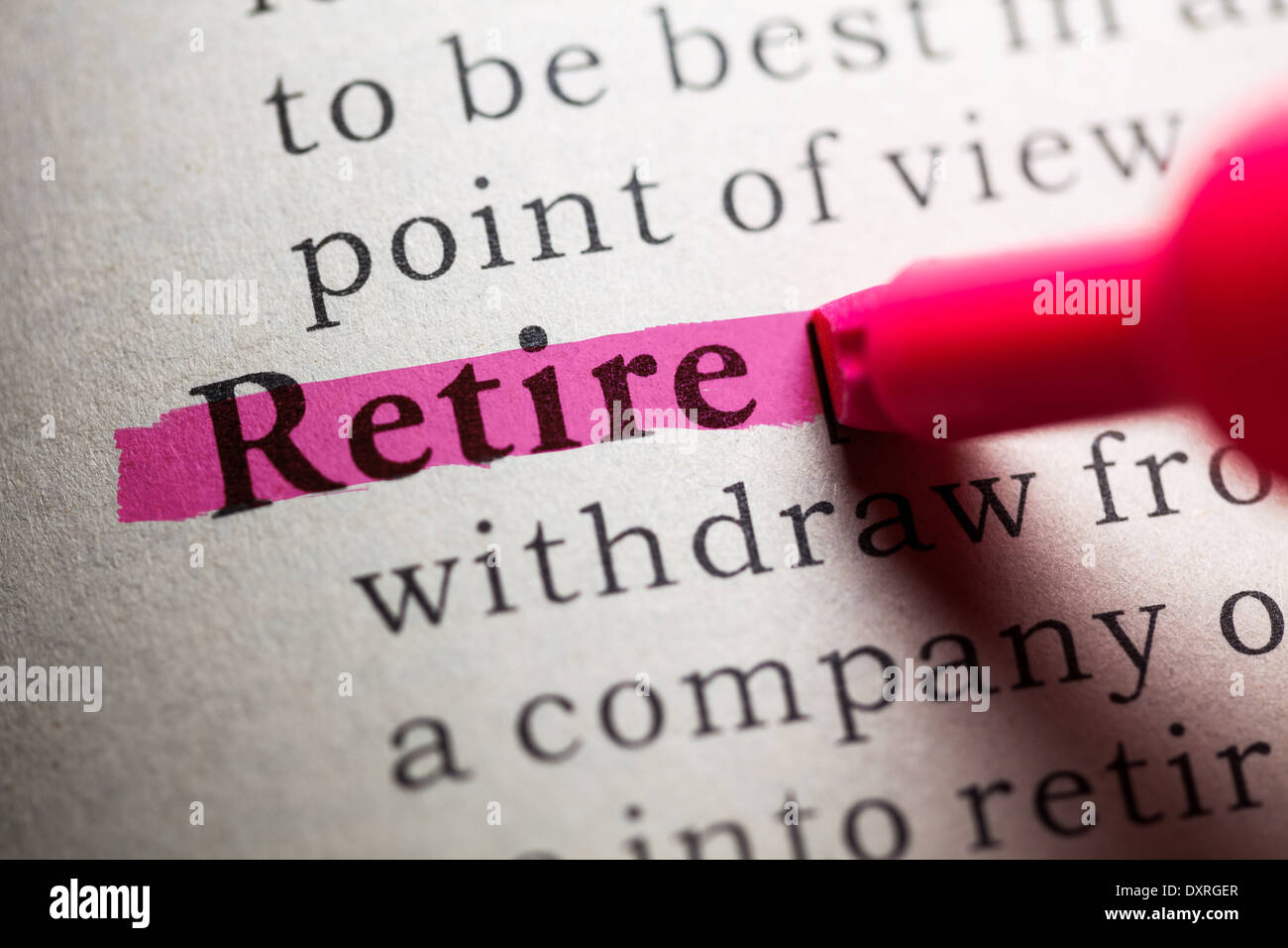 Fake Dictionary, definition of the word retire. Stock Photo