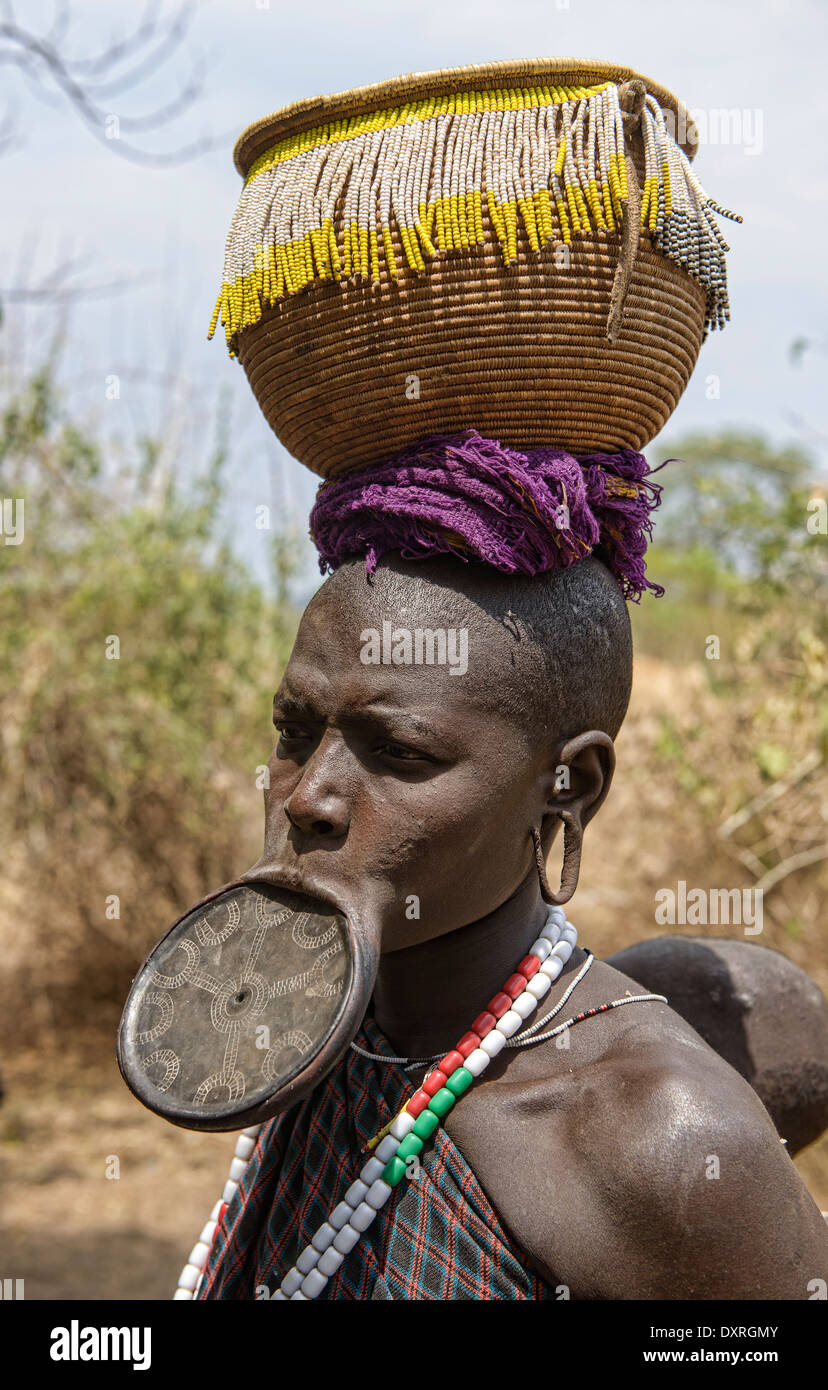Mursi Women With Lip Plates In The Lower Omo Valley Of Ethiopia Stock