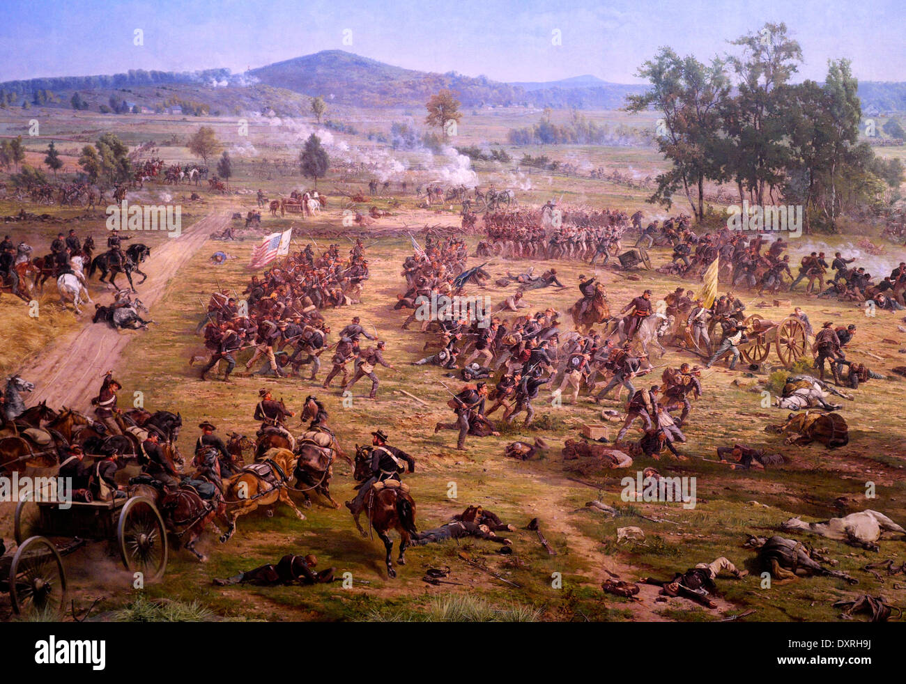 Union troops rush forward to defend against Pickett's charge at the Battle of Gettysburg during the USA Civil War July 3, 1863 Stock Photo
