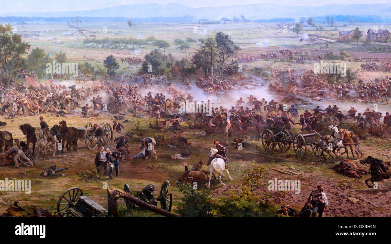 The Union line defends itself against Pickett's charge at the Battle of Gettysburg during the USA Civil War, July 3 1863 Stock Photo