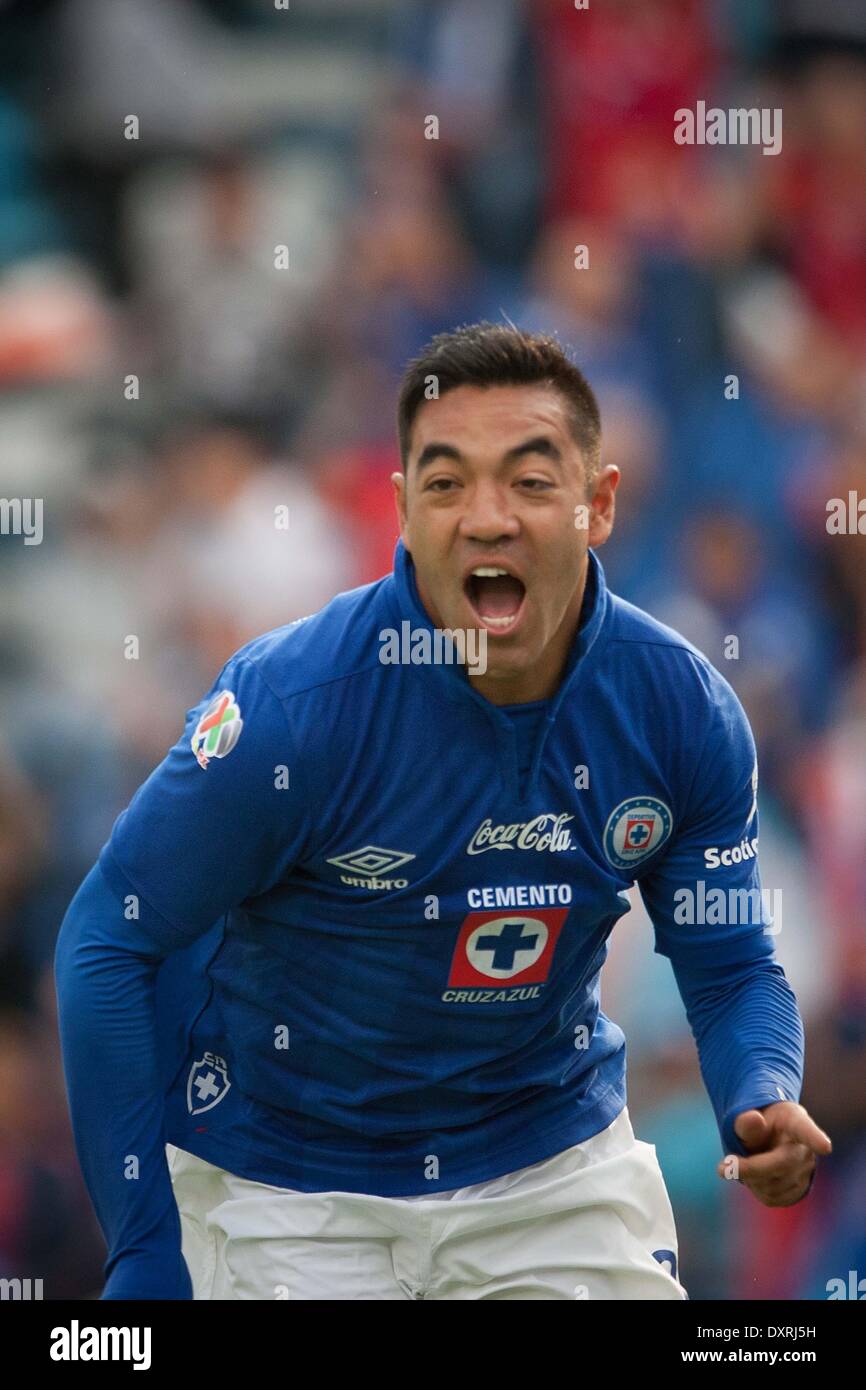 Mexico City, Mexico. 29th Mar, 2014. Cruz Azul's Marco Fabian celebrates after scoring during a match of the Liga MX against Atlas held at the Azul Stadium in Mexico City, capital of Mexico, on March 29, 2014. © Pedro Mera/Xinhua/Alamy Live News Stock Photo