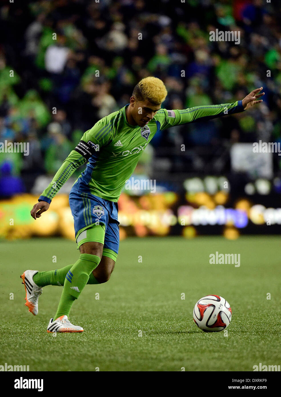 Seattle, Washington, USA . 29th Mar, 2014. March 29, 2014. Seattle Sounders FC defender DeAndre Yedlin #17 in action against the Columbus Crew at CenturyLink Field in Seattle, WA. Columbus Crew defeats Seattle Sounders FC 2 - 1.George Holland/Cal Sport Media Credit:  Cal Sport Media/Alamy Live News Stock Photo