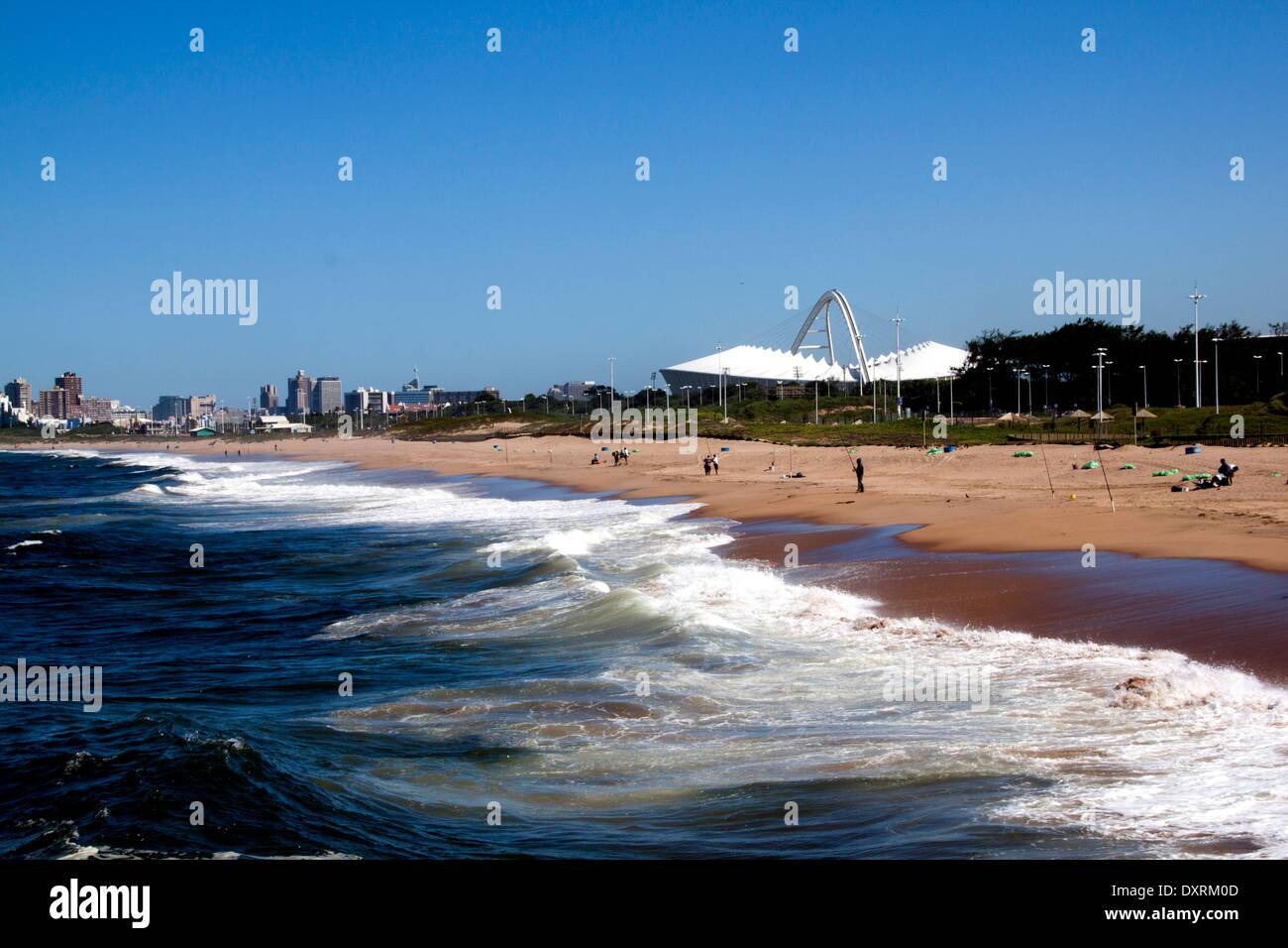 View of Blue Lagoon Beach against city skyline in Durban South Africa
