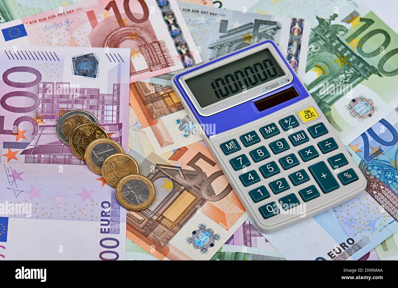 Euro Notes with Calculator Stock Photo