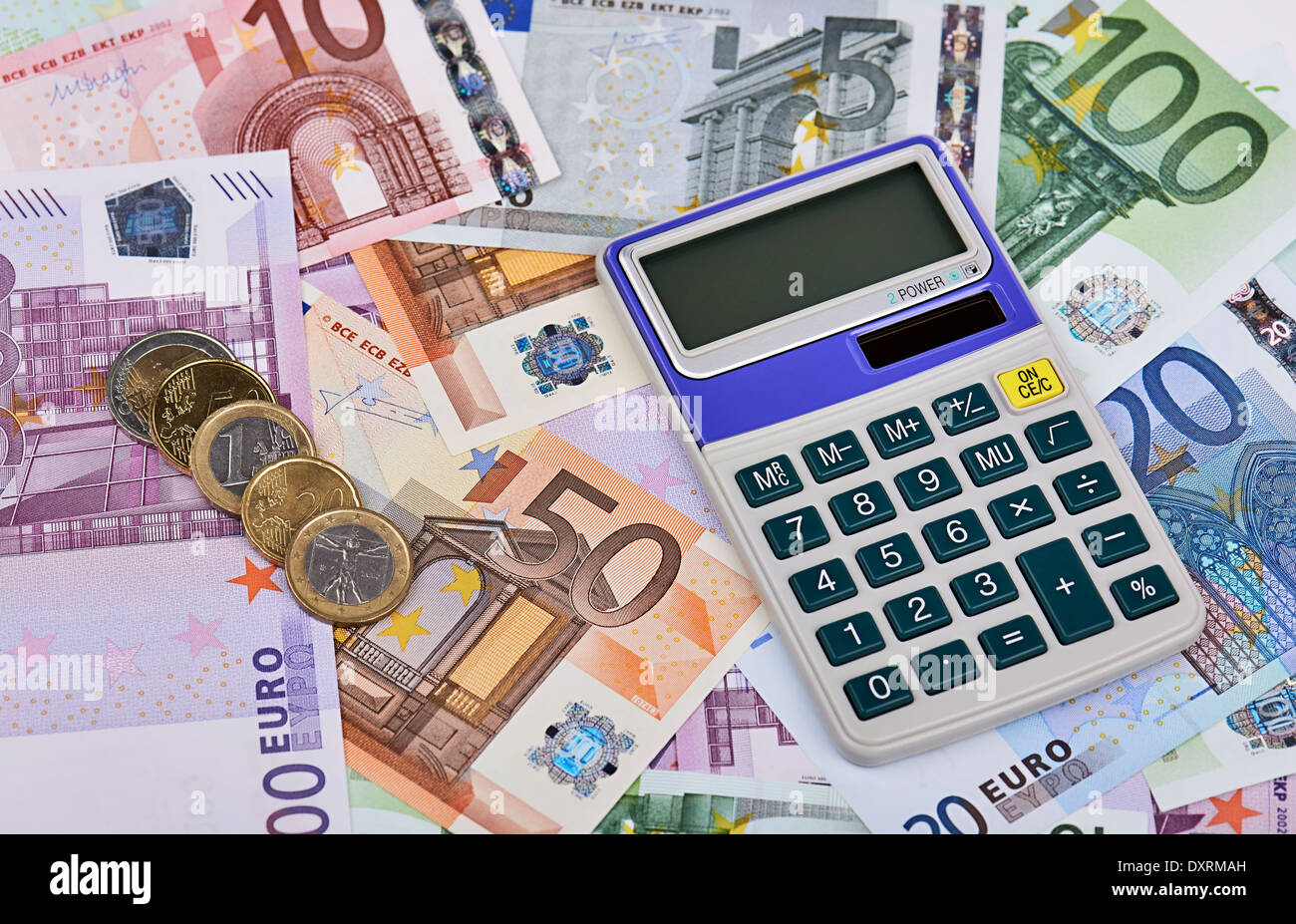 Euro Notes, Coins and Calculator Stock Photo