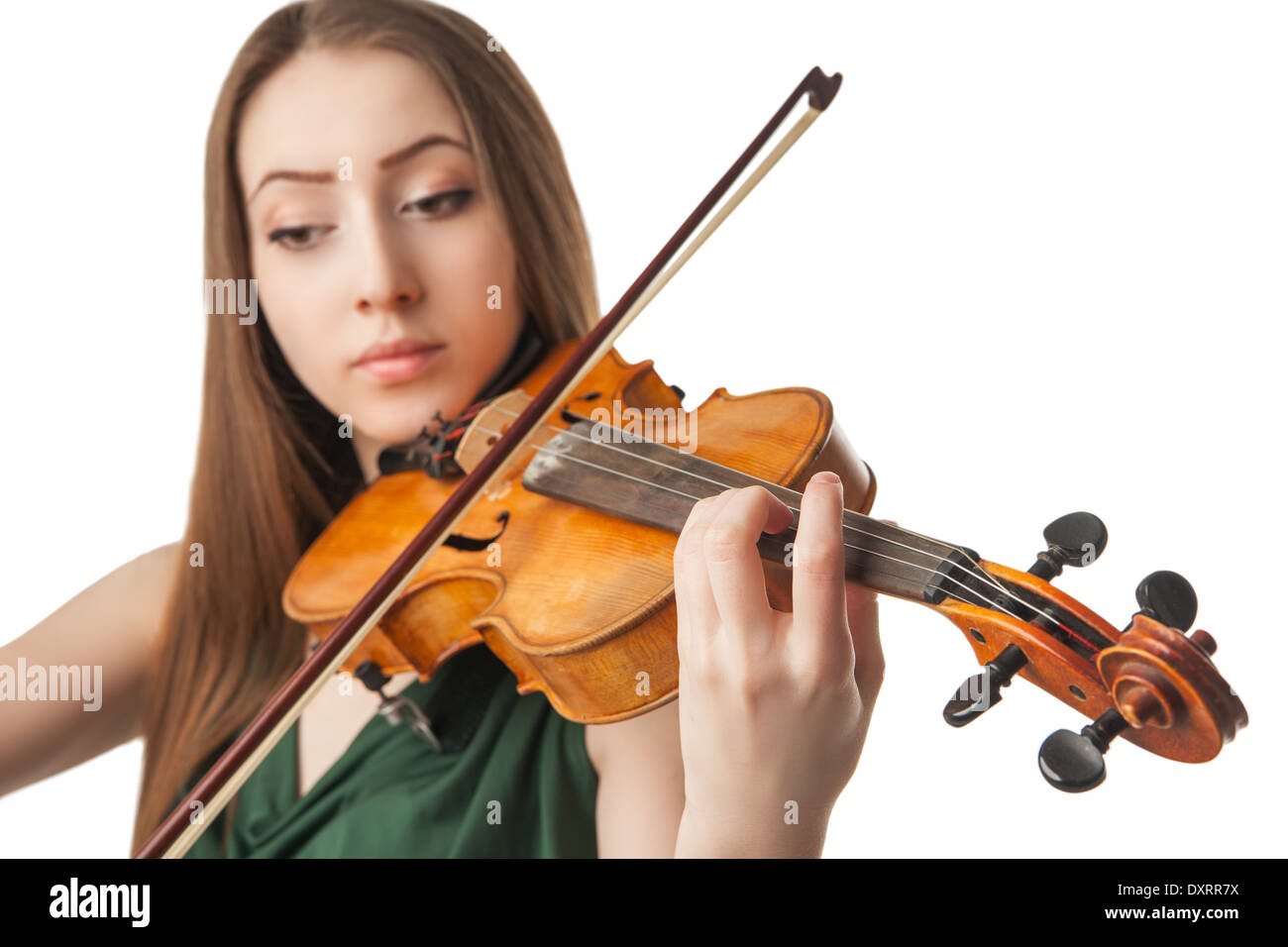 Beautiful young woman playing violin over white background Stock Photo ...