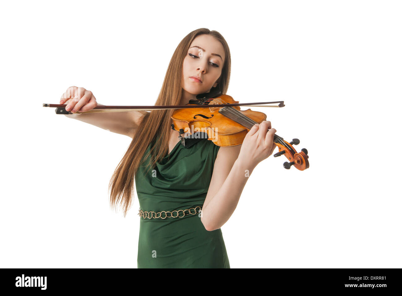 Beautiful young woman playing violin over white background Stock Photo ...