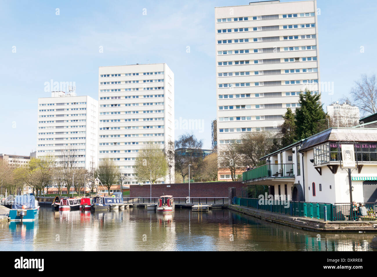Blocks of high rise flats overlooking the canal in Birmingham UK Stock Photo