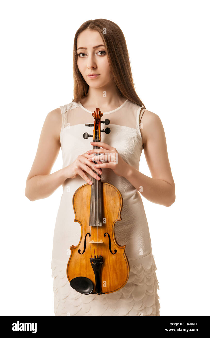 Beautiful young woman playing violin over white background Stock Photo ...