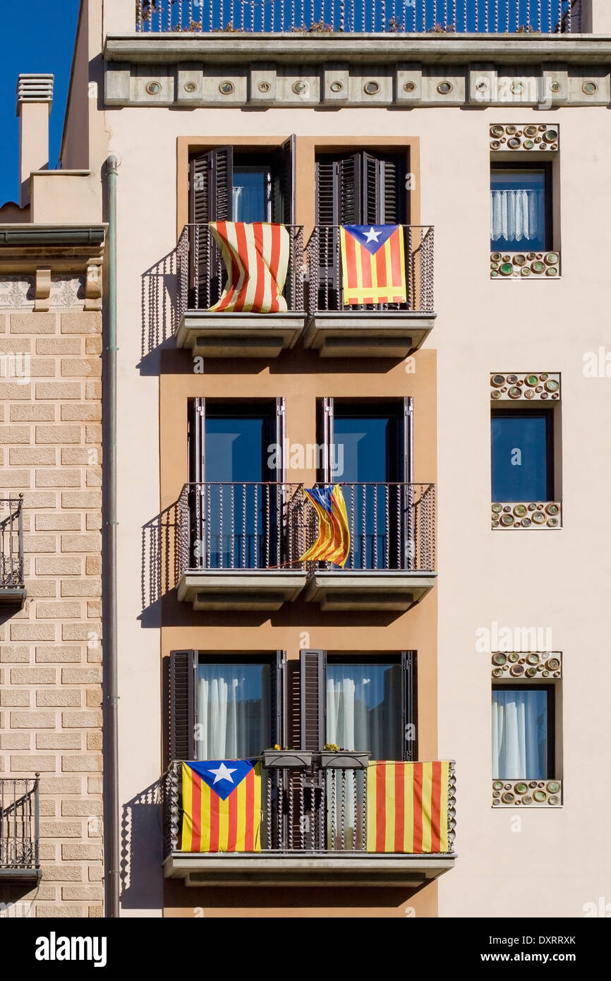 Catalan independence flags hanging from the balconies in Vic, Catalonia. Stock Photo