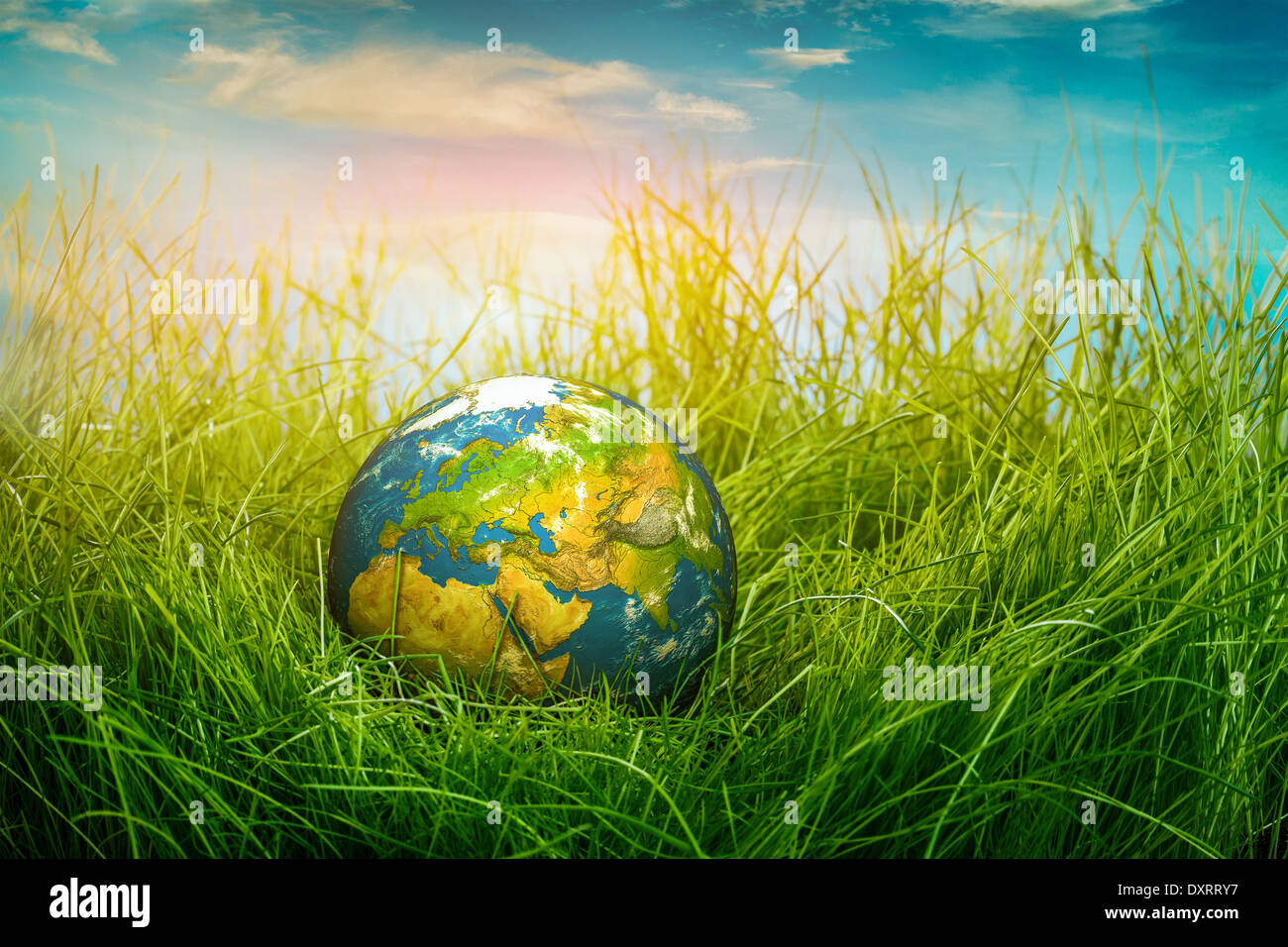 Globe lies on green grass. Concept - Earth Day Stock Photo - Alamy
