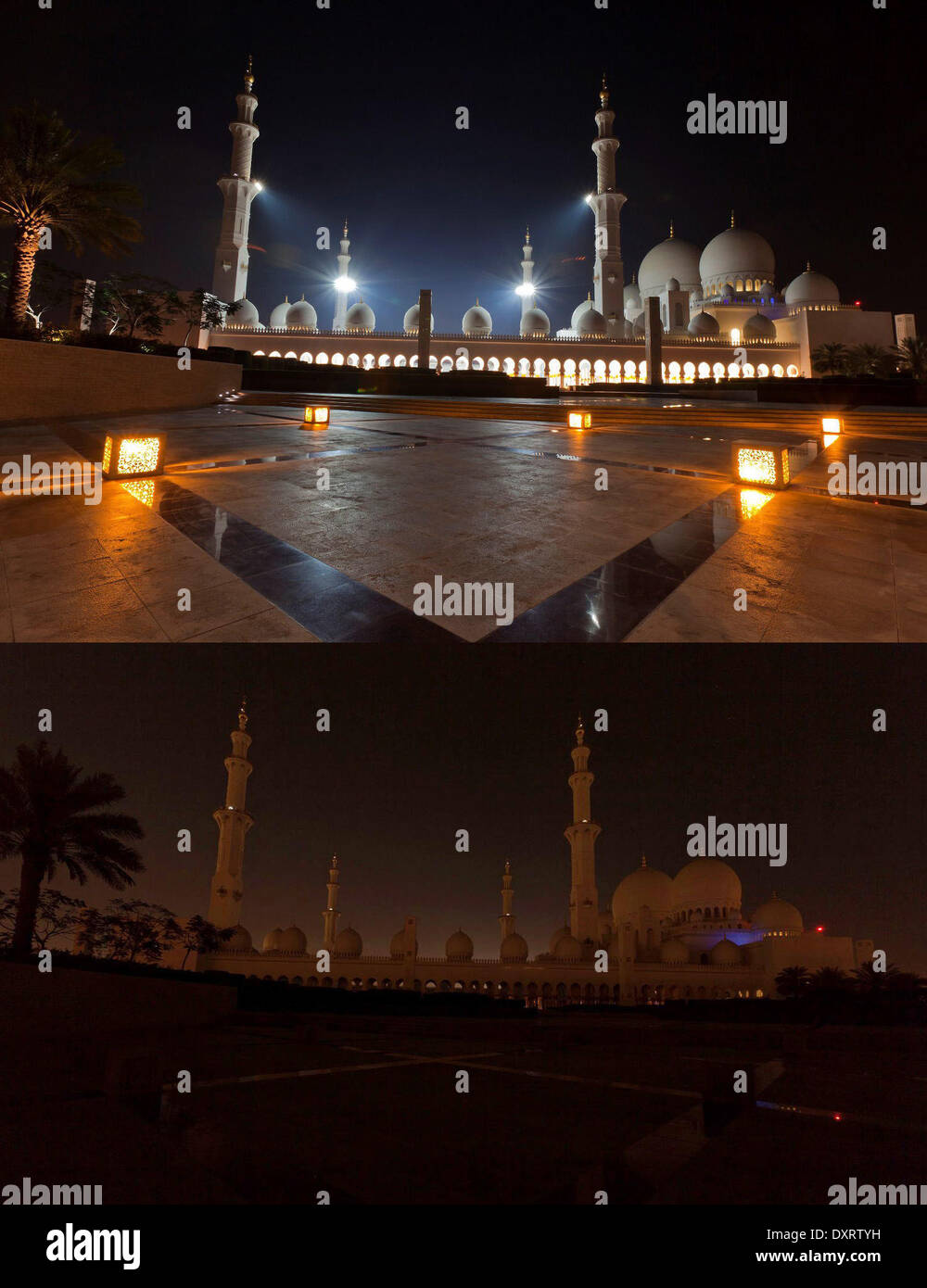 Abu Dhabi. 30th Mar, 2014. The Sheikh Zayed Grand Mosque is seen before (top) and during (bottom) the celebration of Earth Hour in this combine photo taken in Abu Dhabi, United Arab Emirates, on March 29, 2014. Earth Hour is a global event organized by the WWF and is held on the last Saturday of March annually, encouraging households and businesses to turn off their lights and other electrical appliances for one hour to voice their concern about climate change. Credit:  Xinhua/Alamy Live News Stock Photo