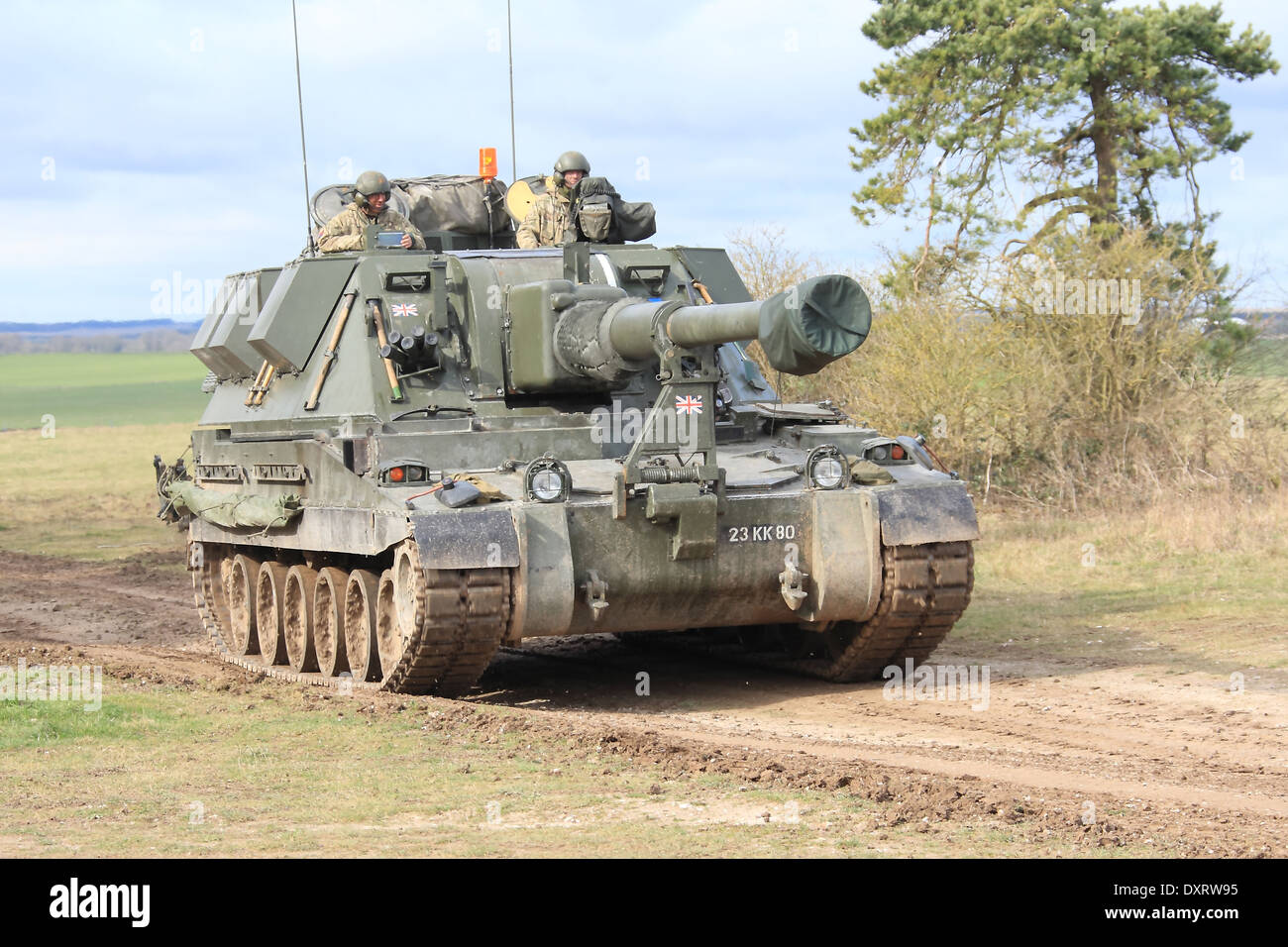 AS-90 Artillery System for the 1990s, Gun Equipment 155 mm L131 lightly armoured self-propelled artillery piece British Army. Stock Photo