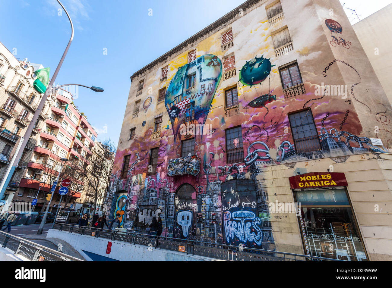 Large graffiti on old building, Barcelona, Spain. Stock Photo