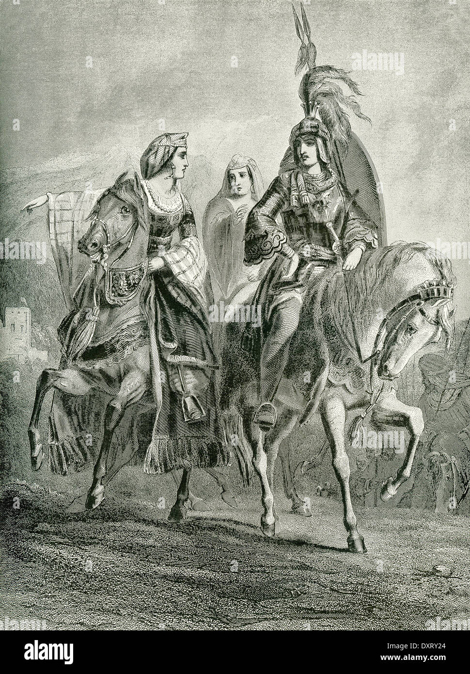 This 1892 illustration shows Boabdil bidding farewell to Granada. With him is his wife and mother, Stock Photo