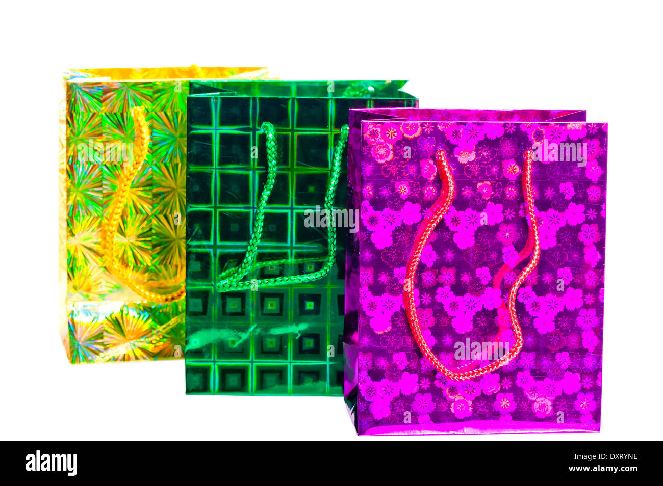 colorful bags with holographic pattern for gifts Stock Photo