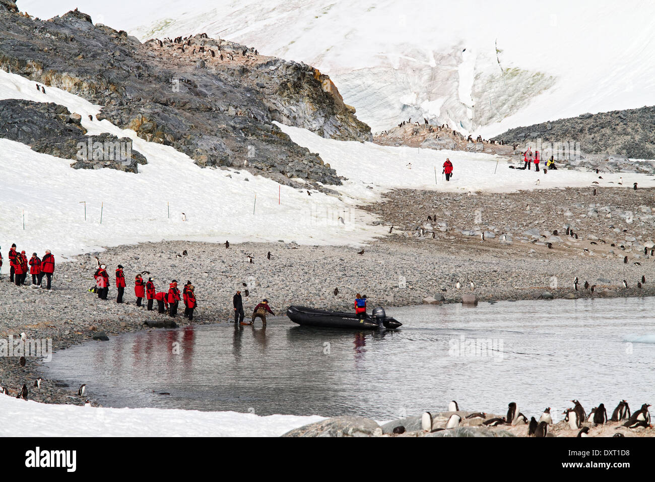 Antarctica tourism among the landscape of Antarctic iceberg, glacier, ice, and penguin with tourists preparing to board zodiacs. Stock Photo