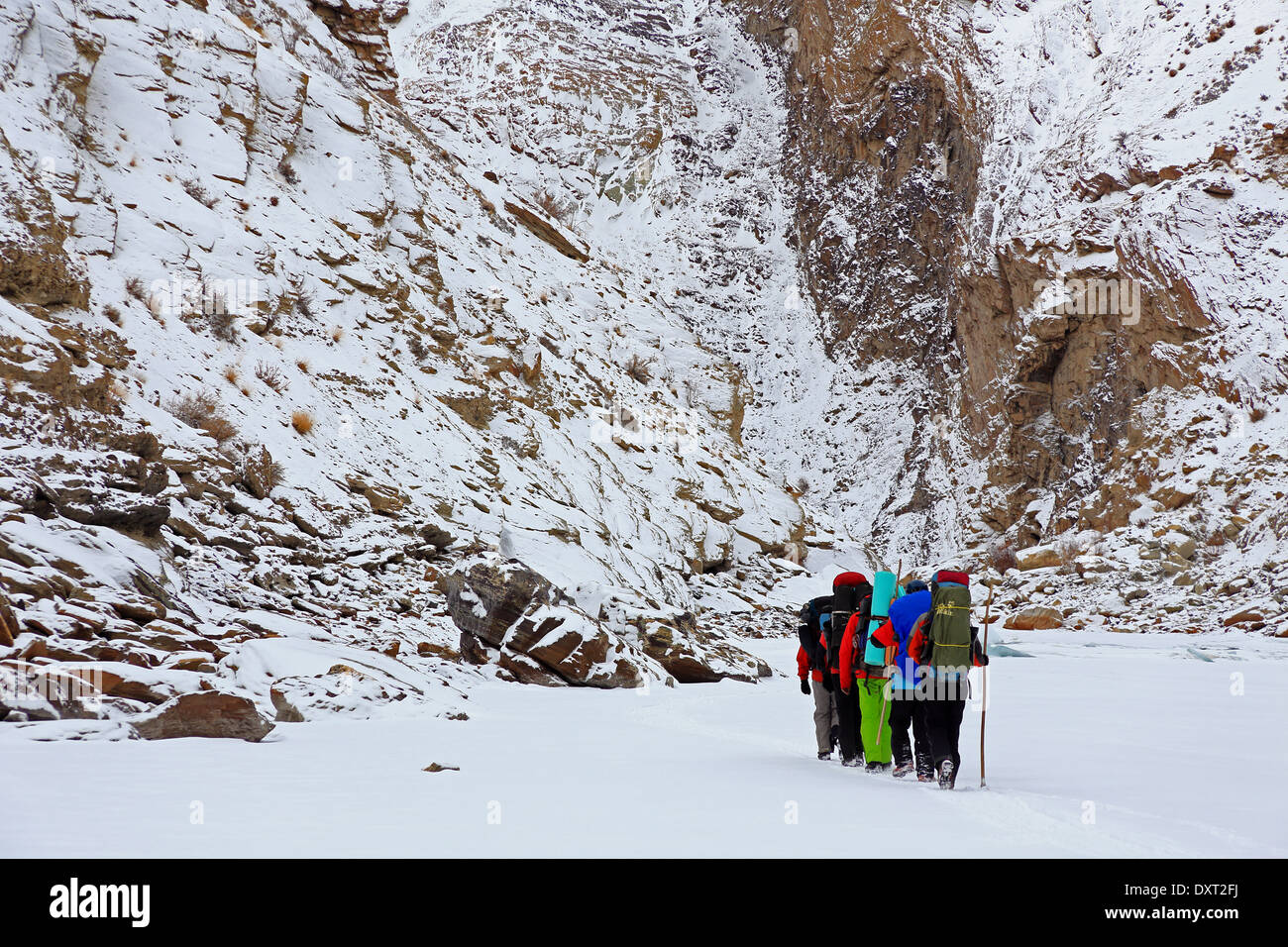 Winter Trekking in Ladakh on the frozen Zanskar river Stock Photo
