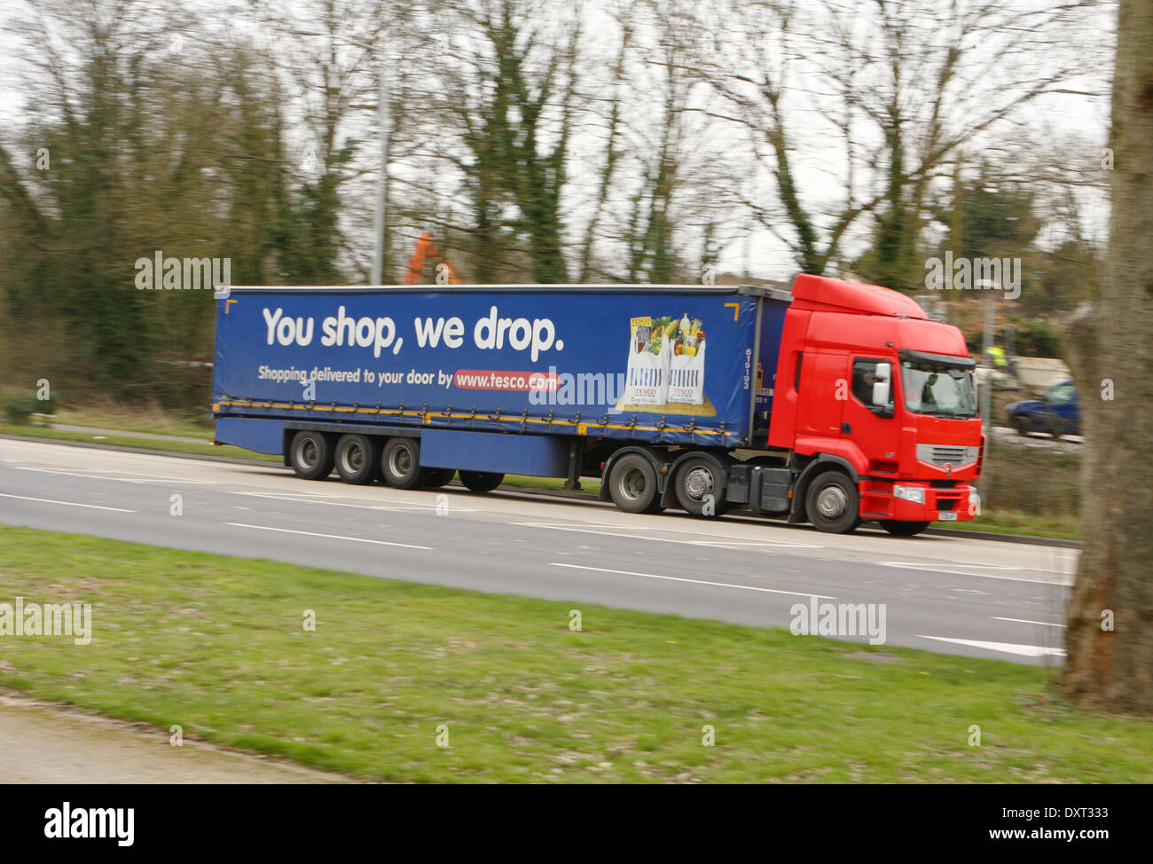 A Tesco truck traveling along the A23 road in Coulsdon, Surrey, England Stock Photo