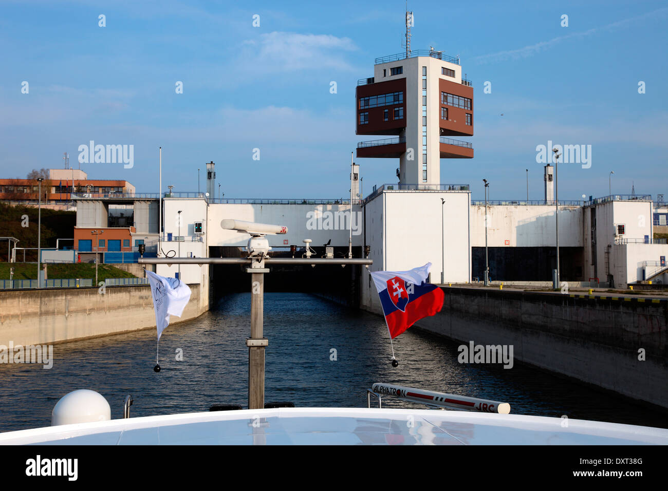 MV River Beatrice cruise ship entering the Gabcikova Lock on the River Danube in Slovakia Stock Photo